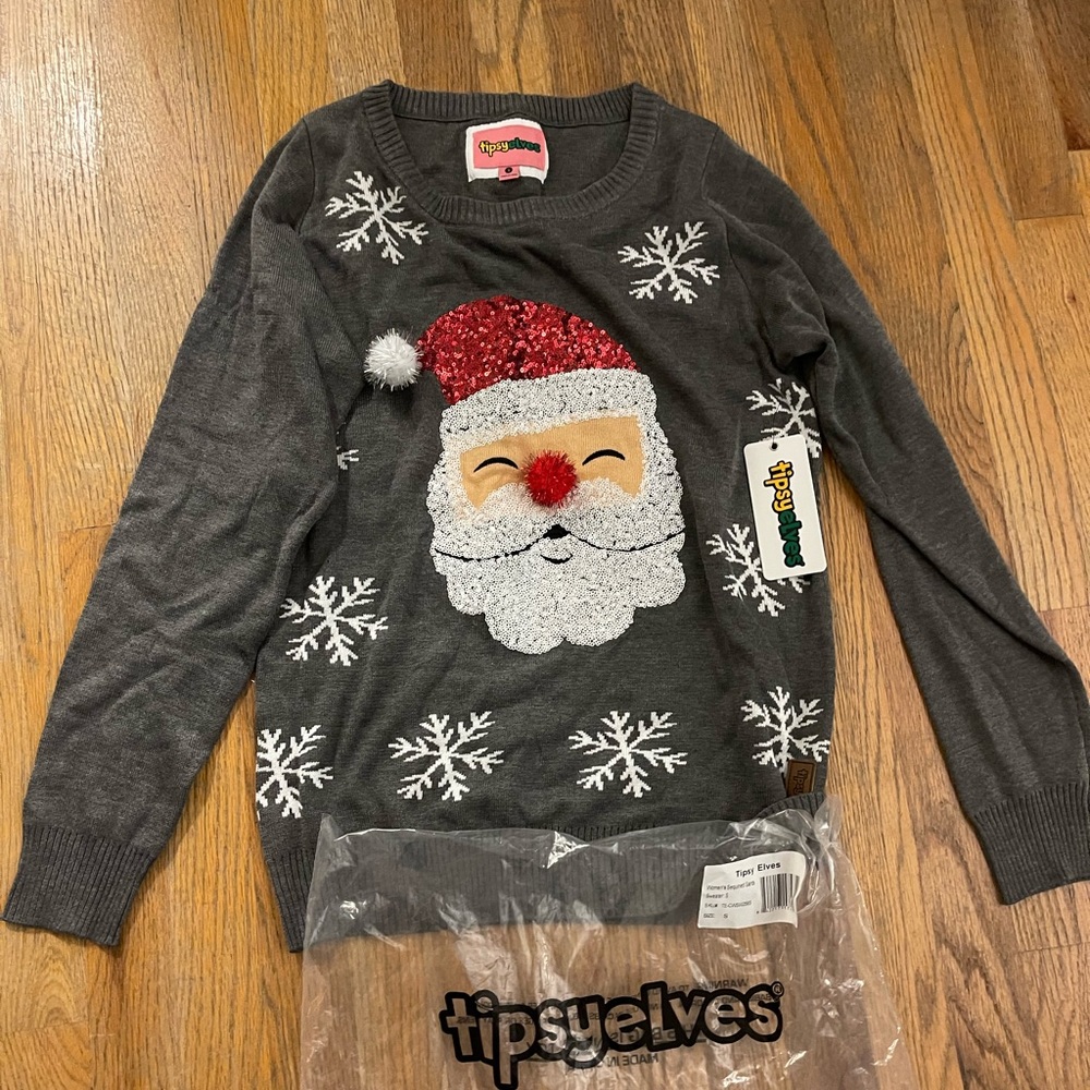 Tipsy Elves Ugly Sweater Santa Face Sequin. Small.
